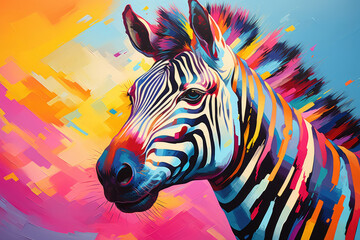 Close-up view of zebra's head neck, digitally enhanced with vibrant array of colors zebra's black white stripes intertwine with hues of blue, green, and purple, creating striking artistic composition.
