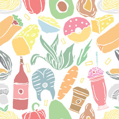 Seamless food pattern. Drawn food background