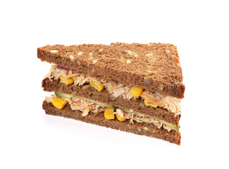 Delicious sandwich with tuna and vegetables on white background