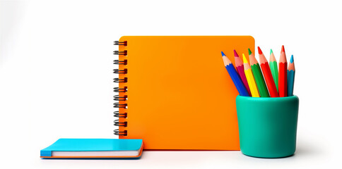 Fototapeta premium orange notebook with pens and white background, ai generated