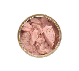 Tin can with canned tuna isolated on white, top view