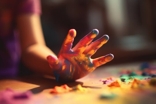 Kids hands painting fun. Generate Ai