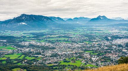 Beautiful of Aerial panoramic view in a Summer season at a historic city of Salzburg with Salzach...