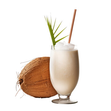 Coconut Drink With A Straw And An Umbrella Isolated On Transparent Background. Generative AI.