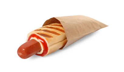 Tasty french hot dog with sauce isolated on white
