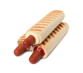 Tasty french hot dogs with different sauces on white background