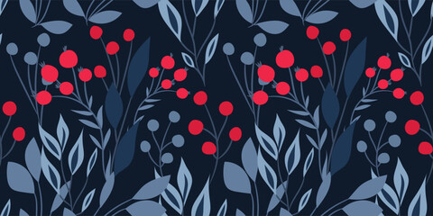 Seamless botanical pattern with berry branches and leaves on a dark blue background. Floral print in a hand-drawn style. Branches with berries in a rich red-blue color palette. Vector illustration