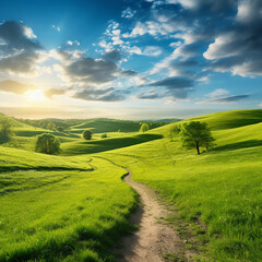 Picturesque winding path through a green grass field 