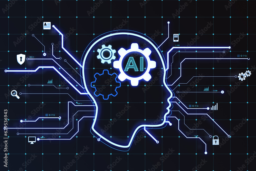 Aufkleber Glowing head outline on blurry dark grid background. AI and chart GPT concept. 3D Rendering.