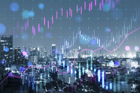 Creative glowing candlestick forex chart on blurry city buildings background. Technology, trade and financial data concept. Double exposure.