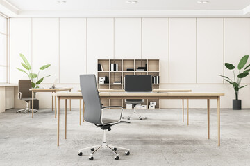 Modern concrete and wooden office interior with window, furniture, equipment and daylight. 3D Rendering.