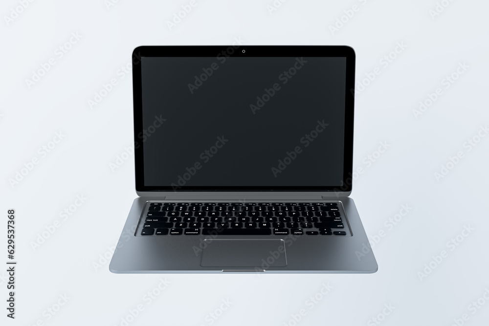 Poster Empty laptop screen on light background. Technology, mock up place and webinar advertisement concept. 3D Rendering.