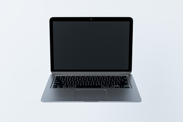 Empty laptop screen on light background. Technology, mock up place and webinar advertisement concept. 3D Rendering.