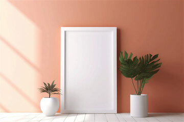 Empty frame mockup in minimalist interior with plant on pastel peach color sunlit wall background.
