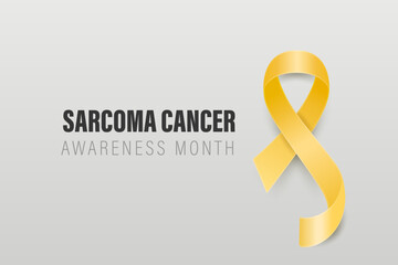 Sarcoma, Bone Cancer Banner, Card, Placard with Vector 3d Realistic Yellow Ribbon on Grey Background. Sarcoma Cancer Awareness Month Symbol Closeup, July. World Bone Cancer Day Concept
