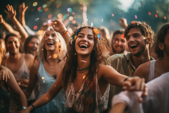 An image of a diverse group of friends at a summer music festival, dancing and enjoying the music