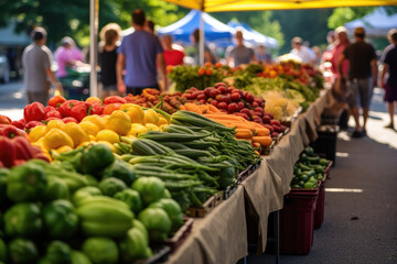 A bustling farmer's market scene with a diversity of vendors and customers, filled with vibrant summer produce - obrazy, fototapety, plakaty