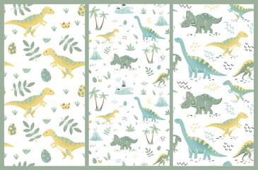 Semless pattern of newborn green baby dinosaurs. Hand drawn brontosaurus, tyrannosaurus, and triceratops for textiles, fabrics, baby shower invitations, posters. Vector cartoon flat illustration
