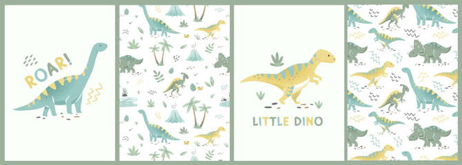 Baby birthday cards, invitations, green baby dinosaurs. Hand drawn brontosaurus, tyrannosaurus, and triceratops for birthday greeting cards, posters. Vector cartoon flat illustration