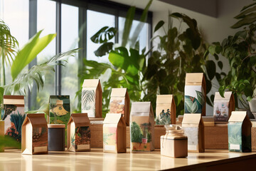 Paper eco-friendly disposable packaging for tea or organic products with green plants on display.