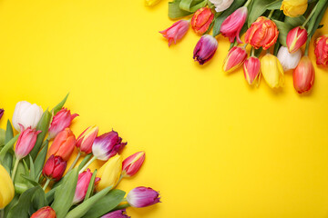 Beautiful colorful tulip flowers on yellow background, flat lay. Space for text