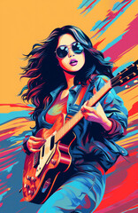Obraz na płótnie Canvas Poster of young asian girl on stage playing guitar on colorful background.