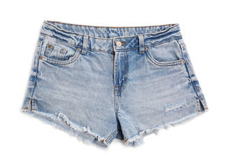 Light blue jean shorts isolated on white, top view. Stylish clothes