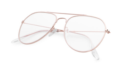 Stylish glasses with metal frame isolated on white