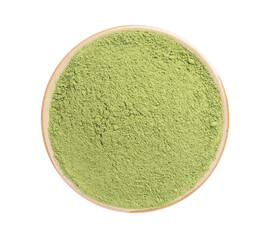 Bowl of matcha powder isolated on white, top view