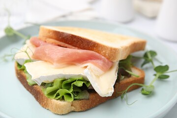 Tasty sandwich with brie cheese and prosciutto on plate, closeup