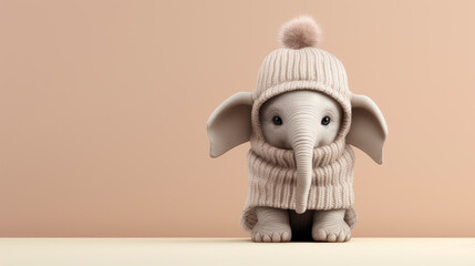 Cute little baby elephant wearing knitted hat and scarf