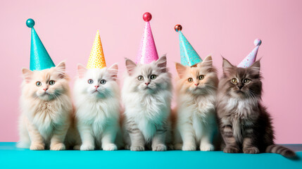 Group of five kittens wearing birthday party hats