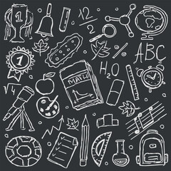 School icons. Back to school. Doodle school background. Seamless school vector illustration