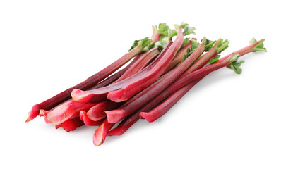 Heap of fresh rhubarb stalks isolated on white