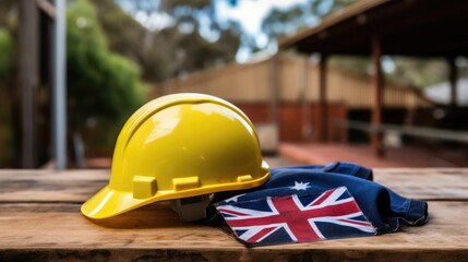 yellow protective helmet of builder or architect on a wooden table against the background of the flag. labor day in Australia.