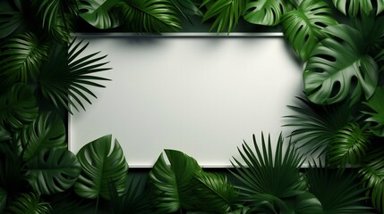 Generative AI : Creative layout made of colorful tropical leaves on white background. Minimal summer exotic concept with copy space. Border arrangement.