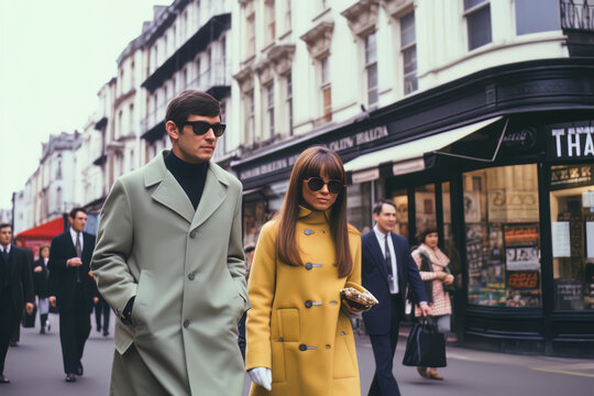 A stylish couple in trendy 1960s fashion walking down a bustling London street, showcasing the iconic mod style of the era. Generative Ai