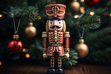Nutcracker Christmas Doll Wooden Material with Christmas Tree Blurred Background decoration