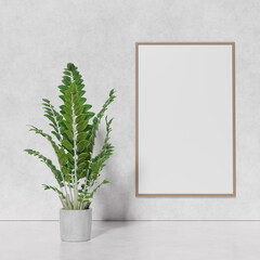 Ornamental plant and empty white picture in frame on light wall background, interior design, place for text, frame with a white background layout for design. 3d render