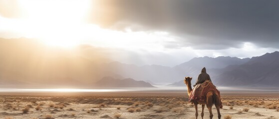 a lone traveler on a camel on the edge of the desert against the backdrop of mountains. rays of light break through the clouds on a cloudy day. 