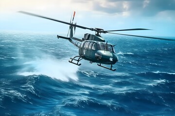 a helicopter flies over the ocean © Angah
