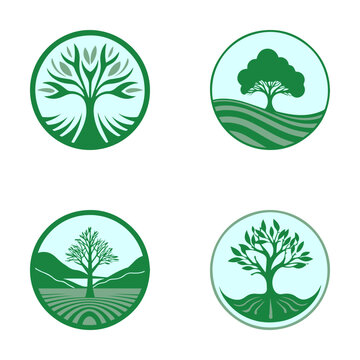 Big tree logo set. Flat Simple green shapes silhouette symbol eco wealth concept. Nature growing farm eco family vector illustration
