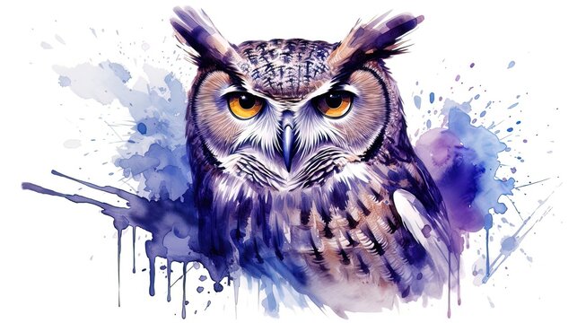 Owl on a branch, watercolor. 