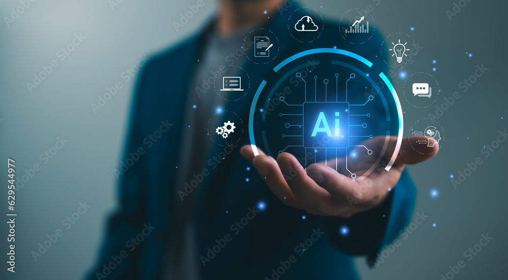 Leinwandbilder ai tech, businessman show virtual graphic global internet connect robot chat with ai, artificial int