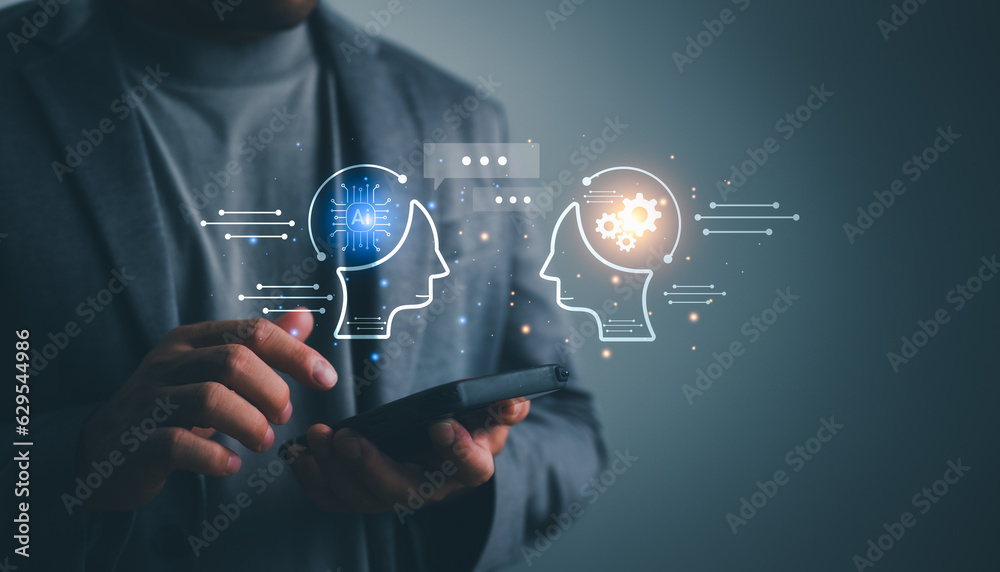 Aufkleber Ai tech, businessman show virtual graphic Global Internet connect robot Chat with AI, Artificial Intelligence. Using command prompt for generates something, Futuristic technology transformation.
