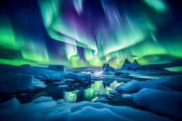 Northern lights in the sky amid views of icebergs.