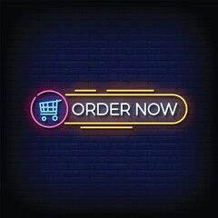 Neon Sign order now with brick wall background vector