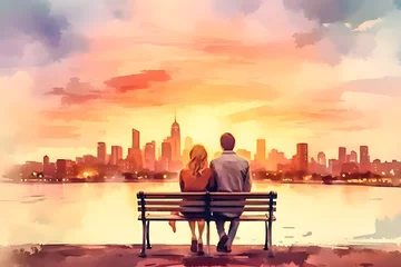 Photo sur Plexiglas Peinture d aquarelle gratte-ciel water color pictures of Couple relaxing on bench looking at big city view with skyscrapers and river at sunset