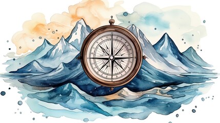 Compass on the background of mountains, watercolor. 