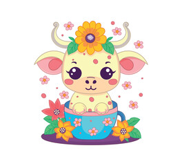 Little cute cow sits in a cup.Cartoon baby cow.Isolated on a white background.